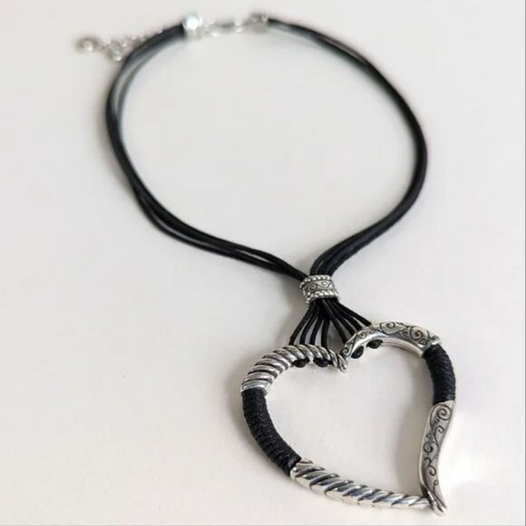 Brighton Heritage Necklace Y2K Open Heart Pendant Black Silver Cord Wrap Vintage - Picture 1 of 8